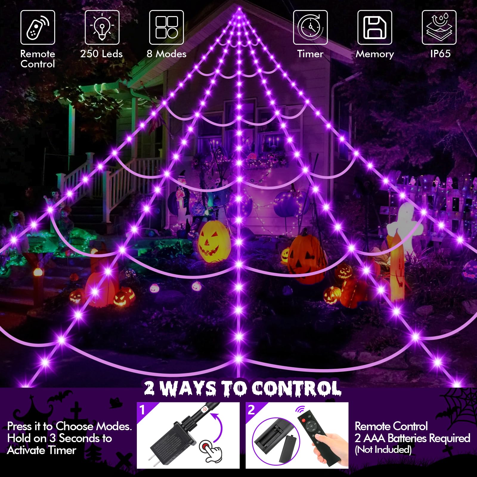 Close-up of OCATO Halloween spider web lights remote control