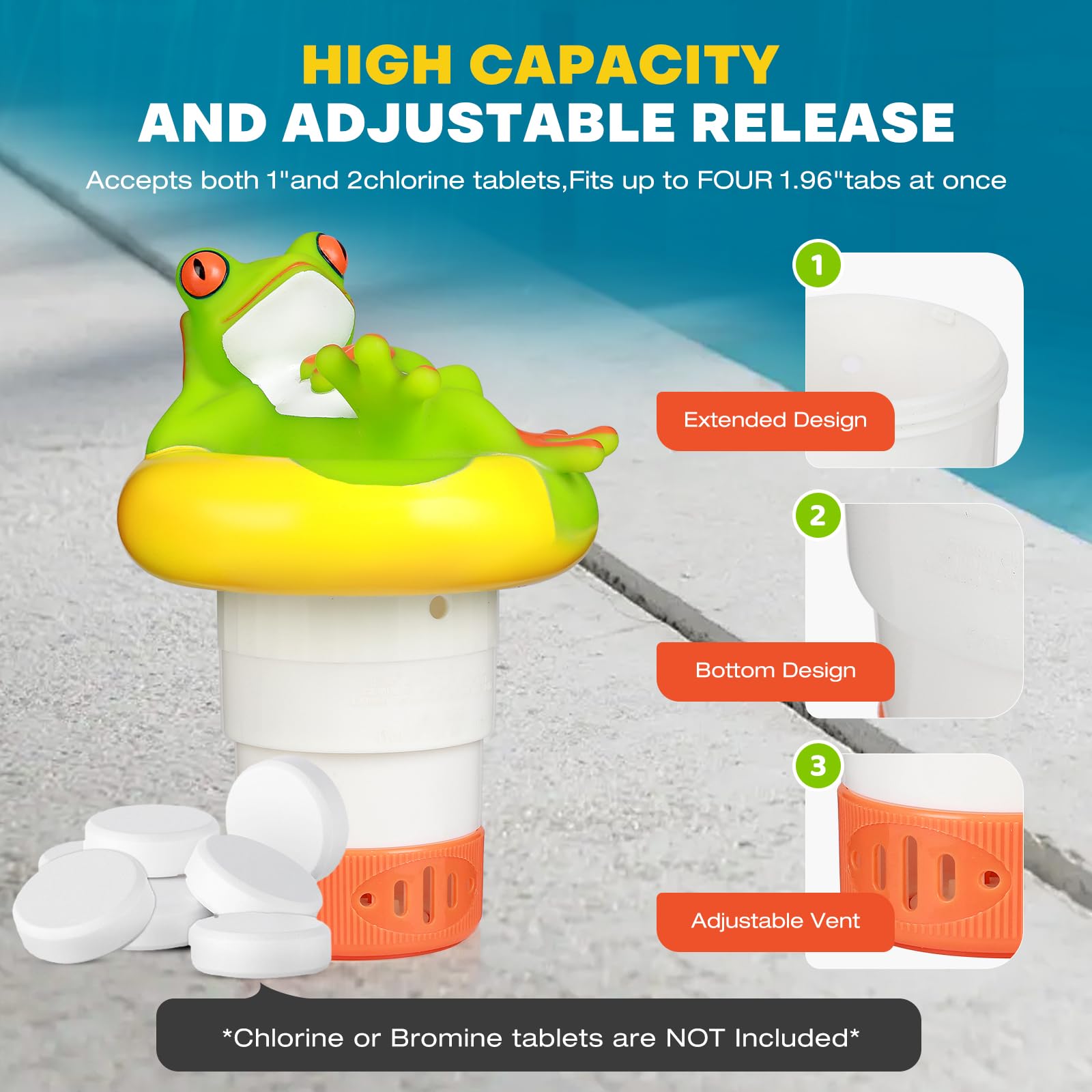 Close-up of ODJSY Mini Frog chlorine dispenser showing adjustable flow control