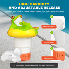 Close-up of ODJSY Mini Frog chlorine dispenser showing adjustable flow control
