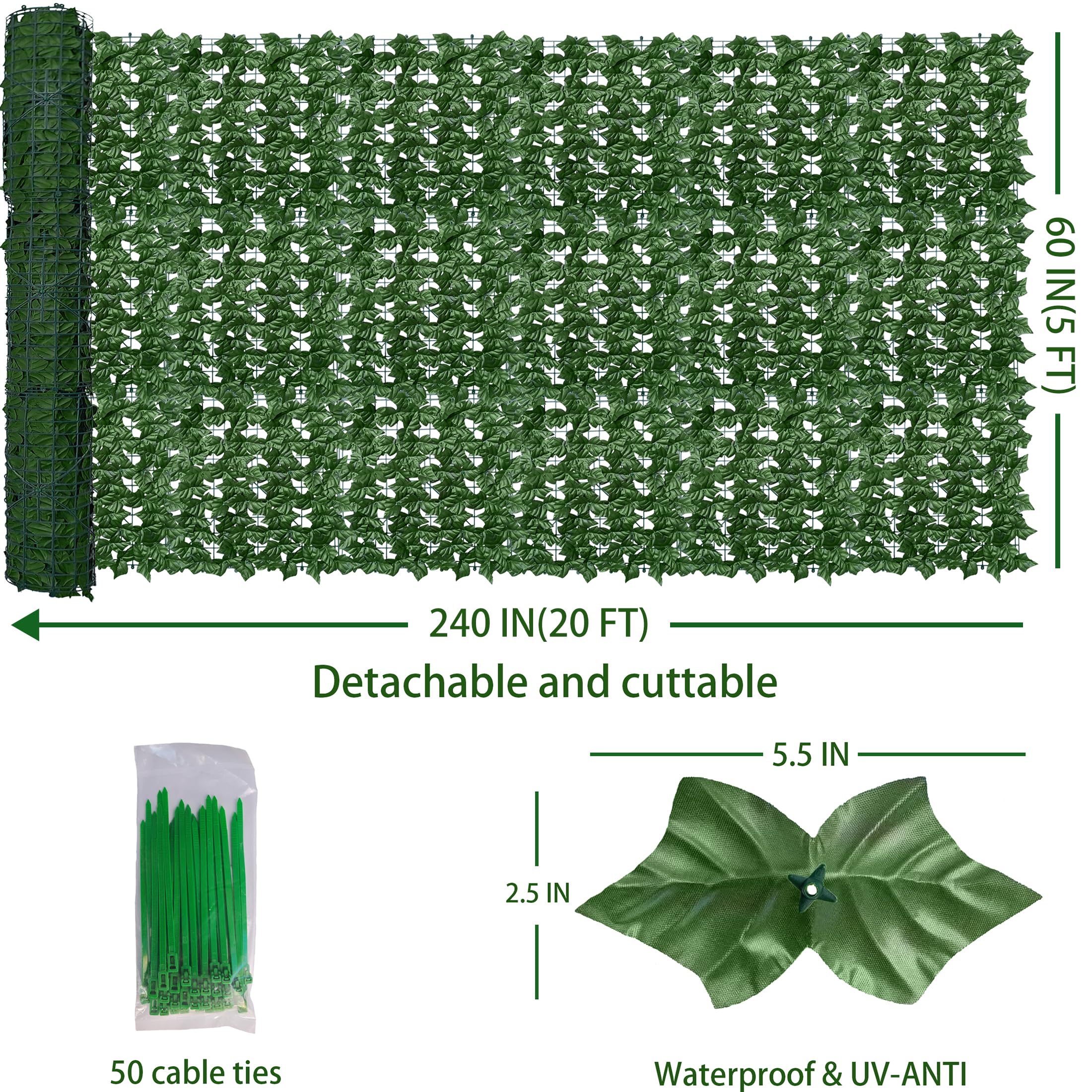 Close-up of ODTORY artificial ivy leaves on privacy screen