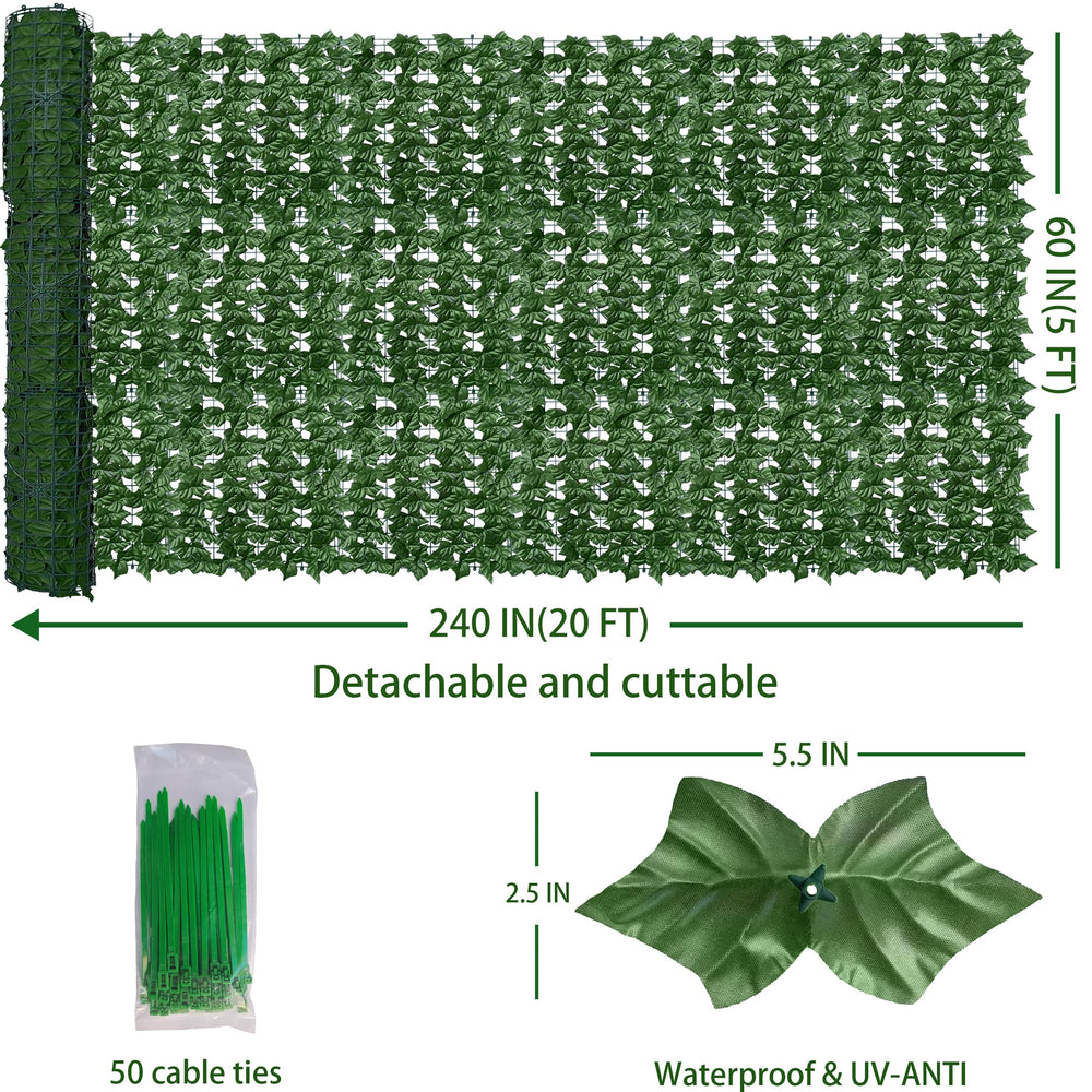 Close-up of ODTORY artificial ivy leaves on privacy screen