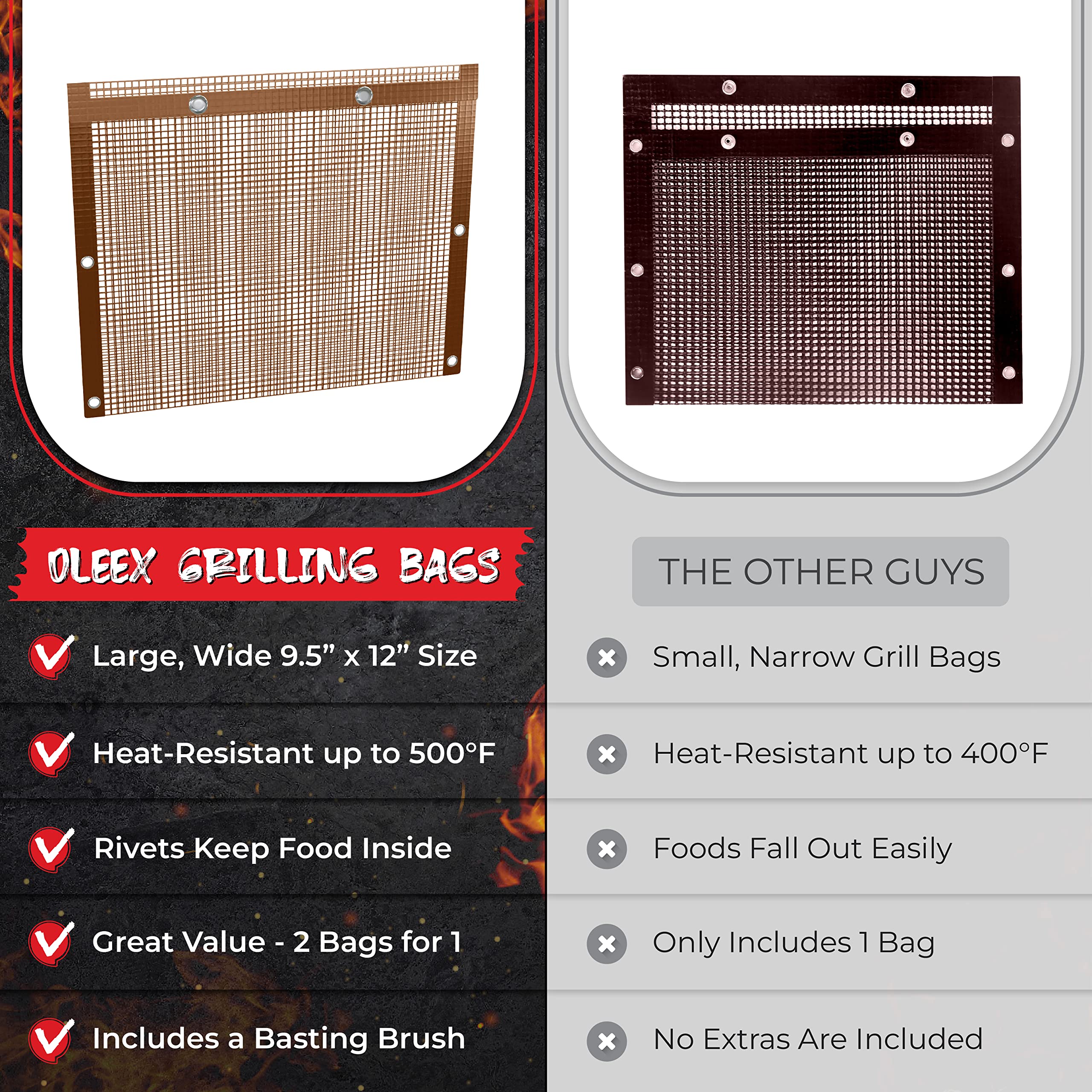 Close-up of OLEEX grilling bags showing heavy-duty material
