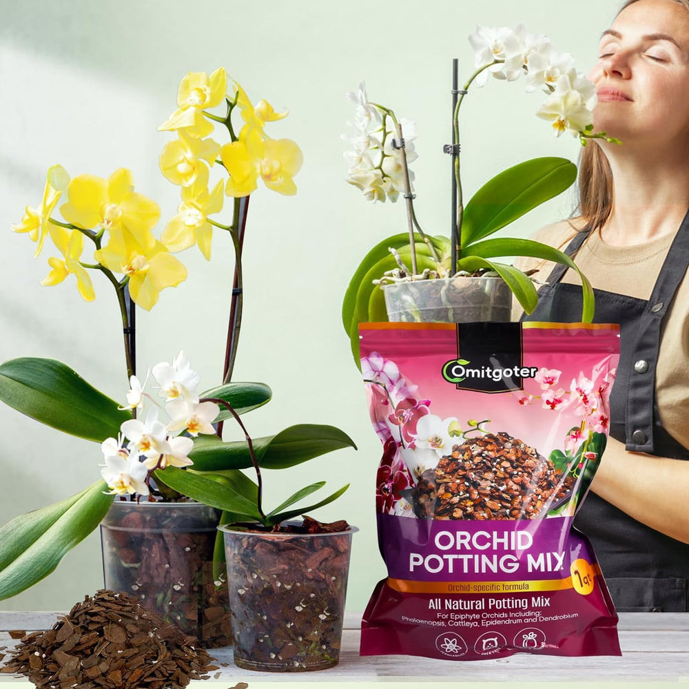 Close-up of Omitgoter Organic Orchid Potting Mix in a nursery pot