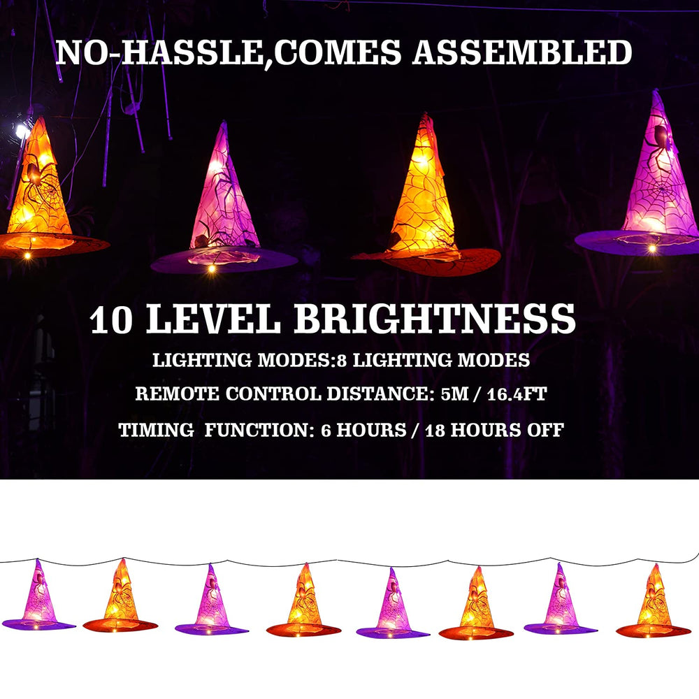 Close-up of orange witch hat with LED lights