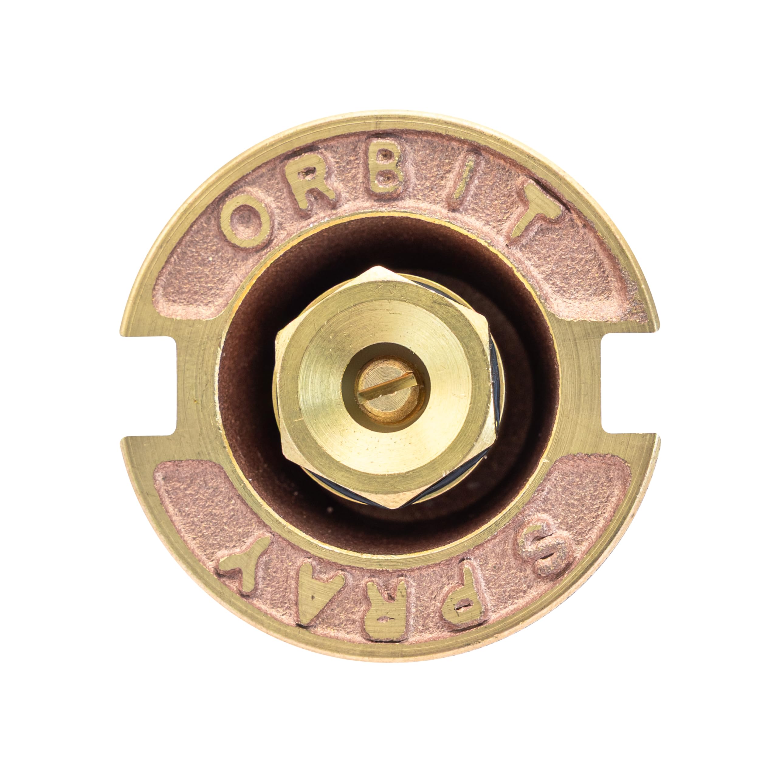 Close-up of Orbit Brass Pop-Up Sprinkler nozzle adjustment
