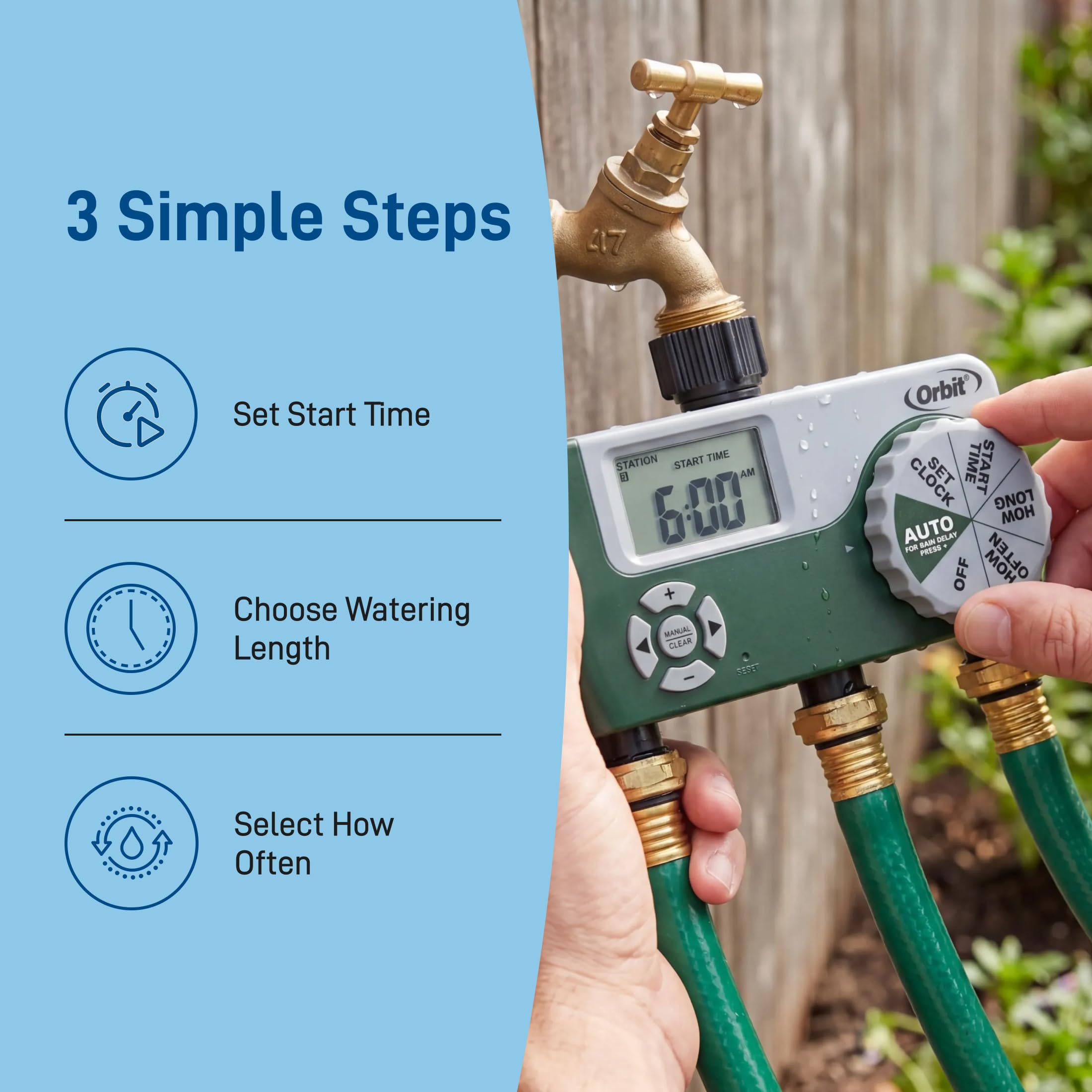 Close-up of Orbit hose timer controls and settings