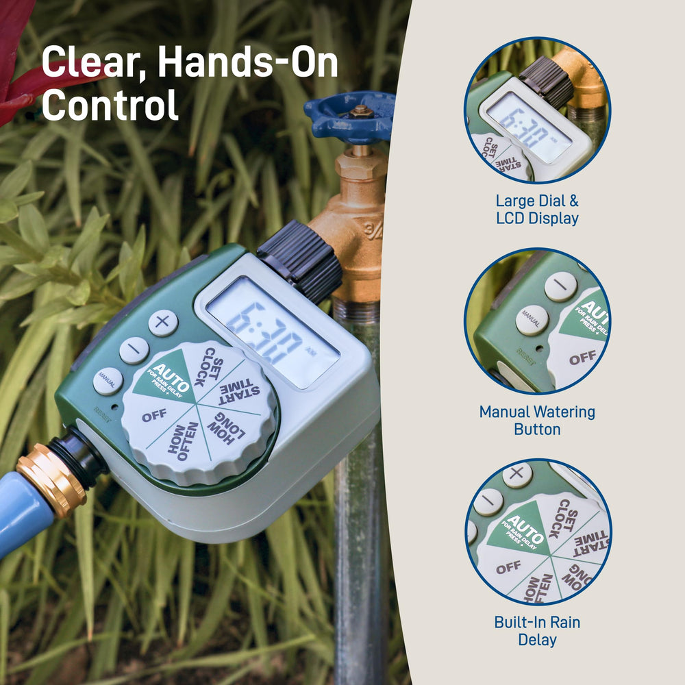 Close-up of Orbit Hose Timer showing rain delay feature