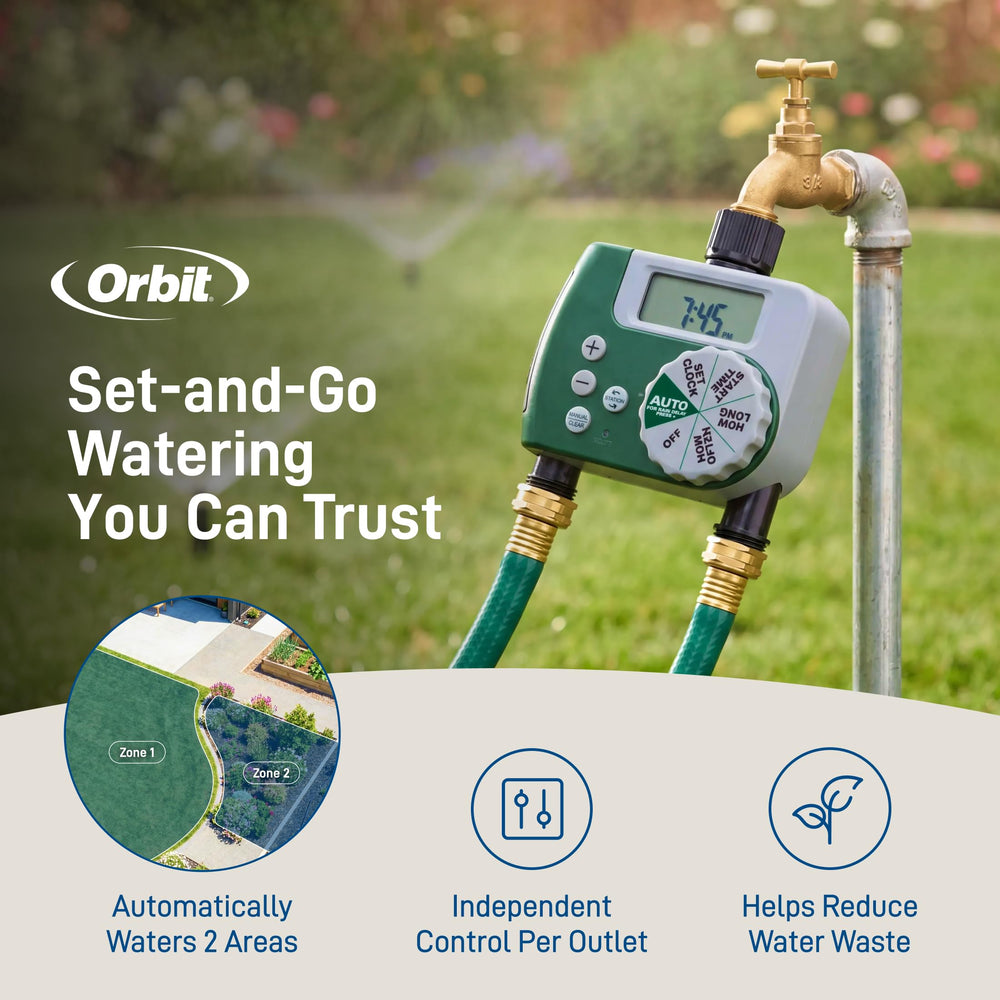 Close-up of Orbit hose watering timer's easy-to-read screen