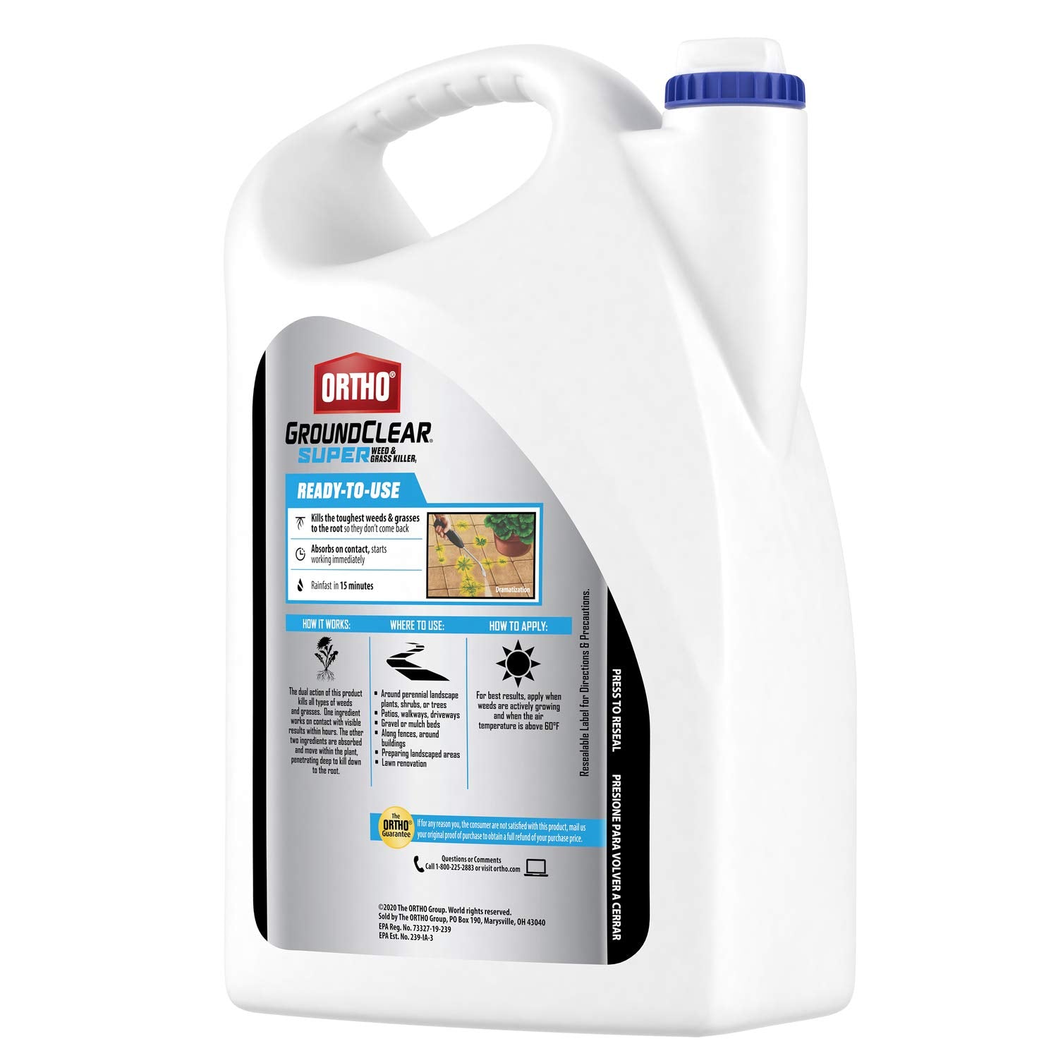 Close-up of Ortho GroundClear Super Weed & Grass Killer1 labeling and instructions