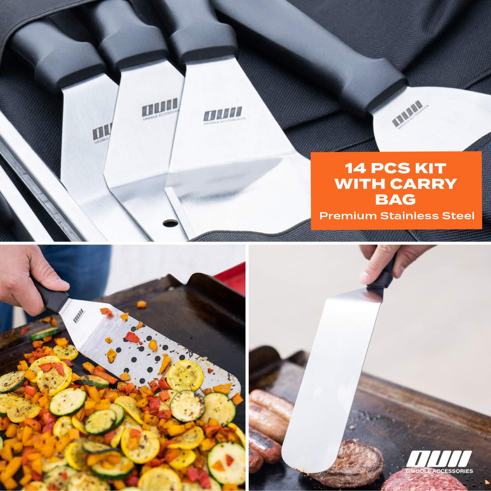 Close-up of OUII locking tongs and burger flipper
