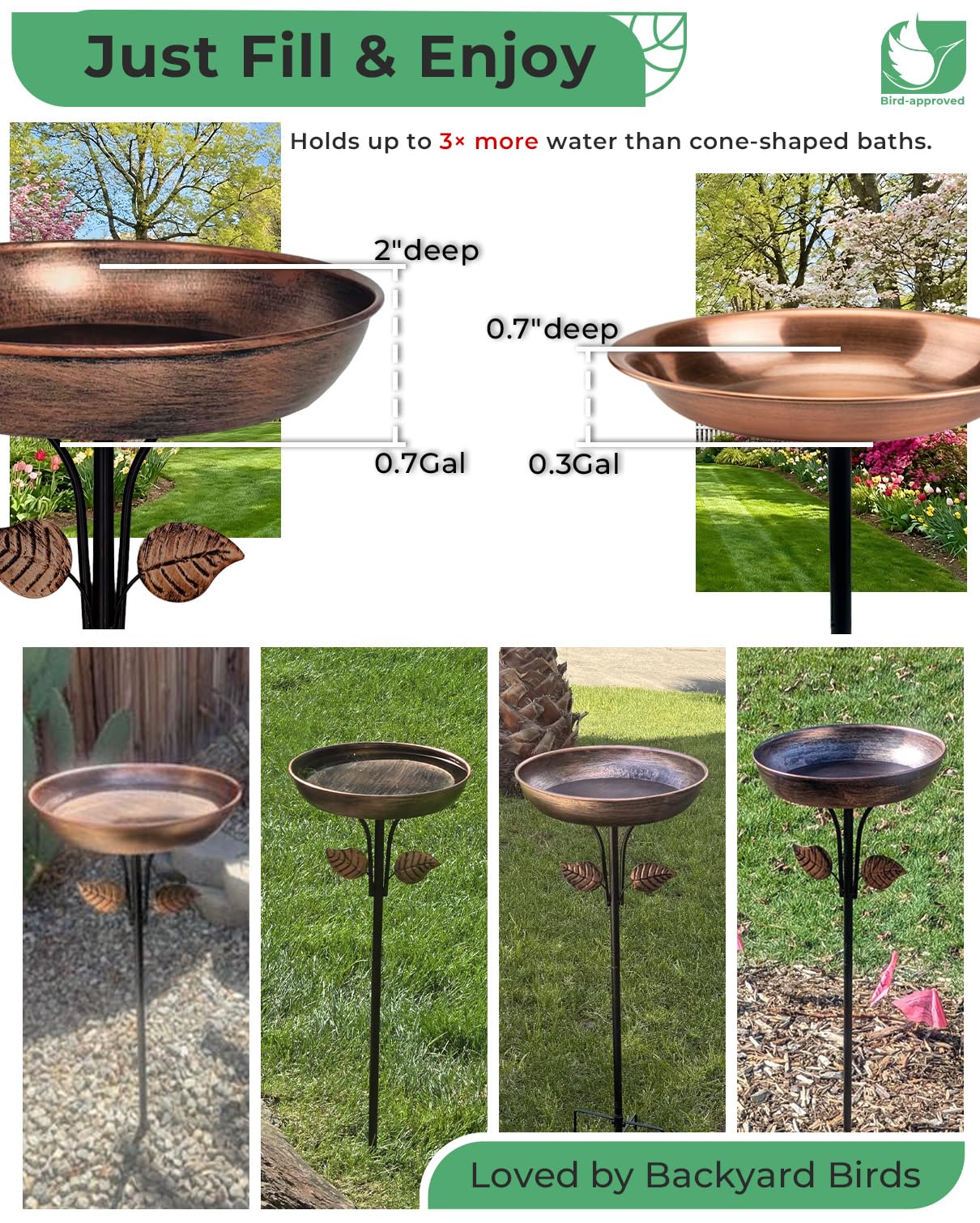 Close-up of OUISJYER bird bath bowl showing depth and finish