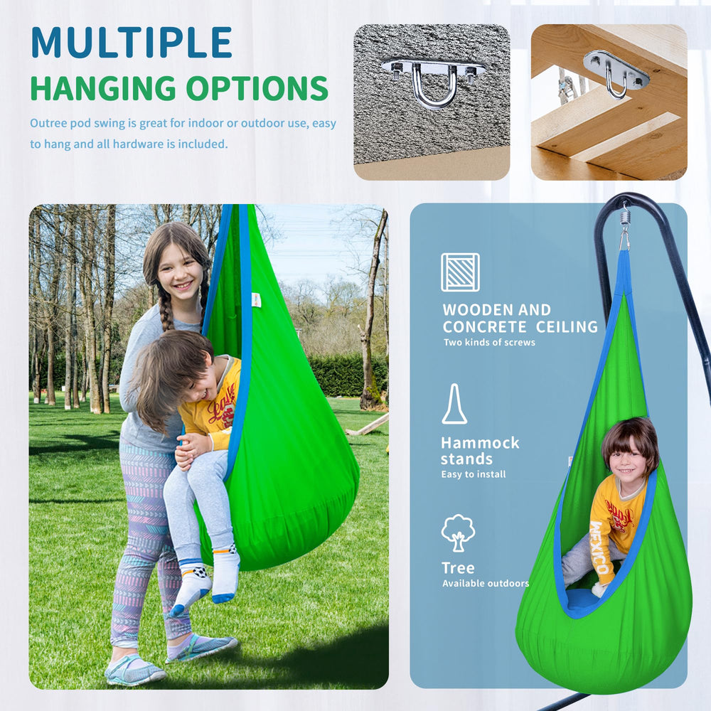 Close-up of OUTREE Kids Pod Swing Seat hanging from a tree