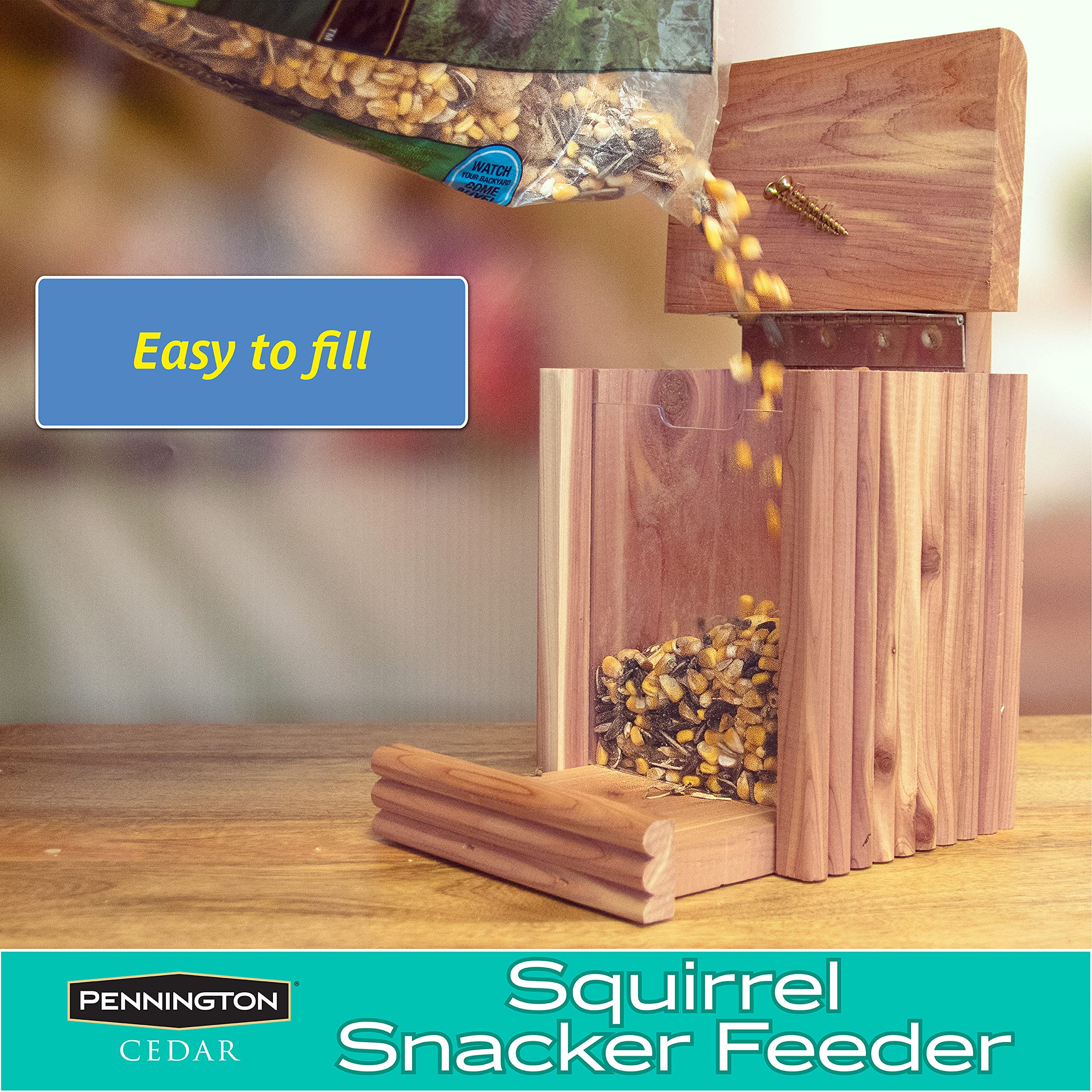 Close-up of Pennington Cedar Squirrel Snacker Feeder lid