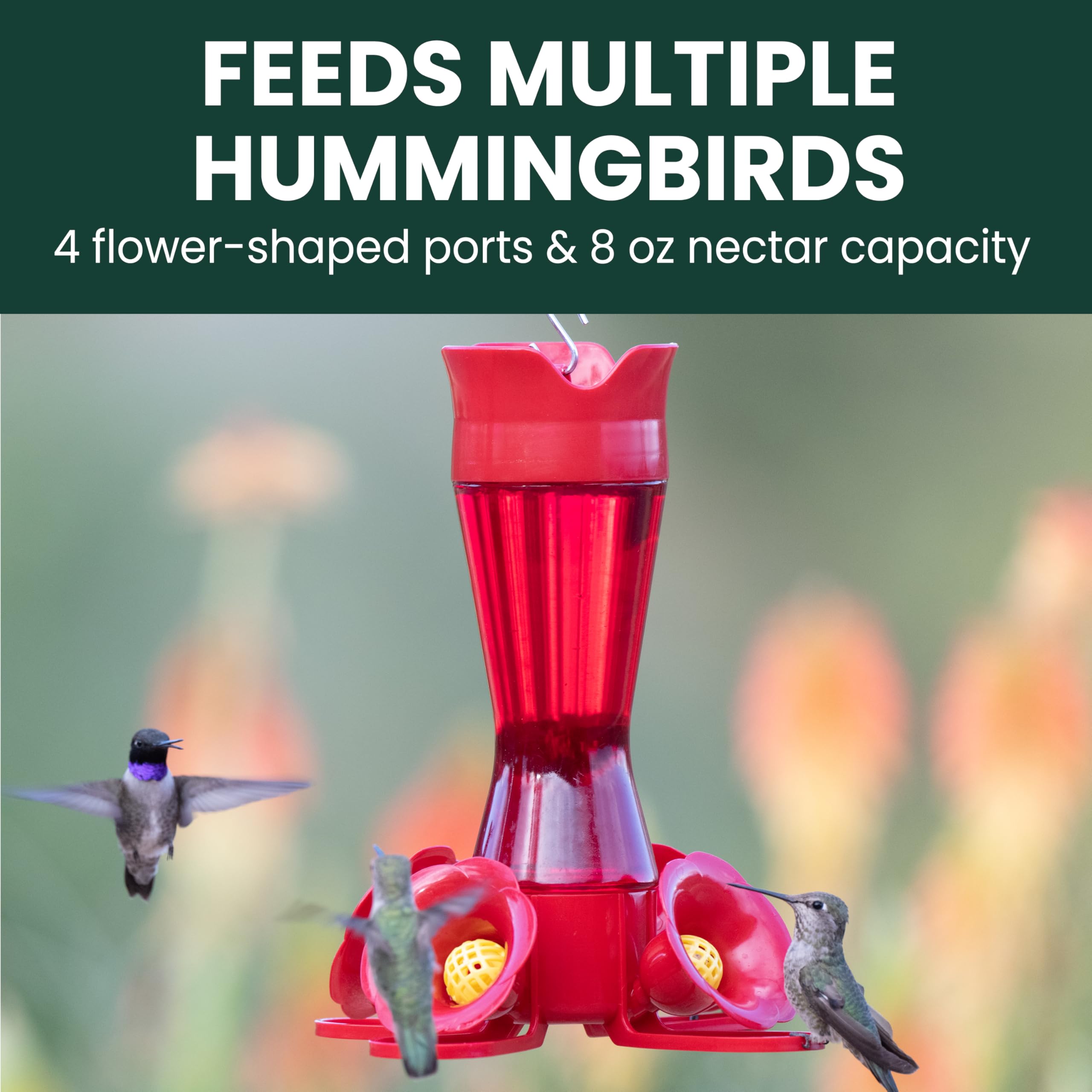 Close-up of Perky-Pet Hummingbird Feeder with bee guard feature