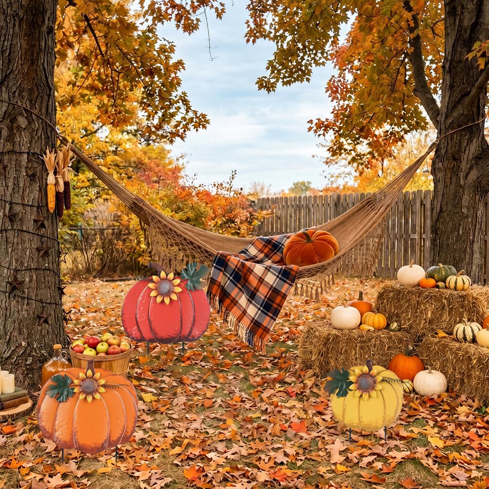 Close-up of PHITRIC pumpkin garden stake with vibrant colours