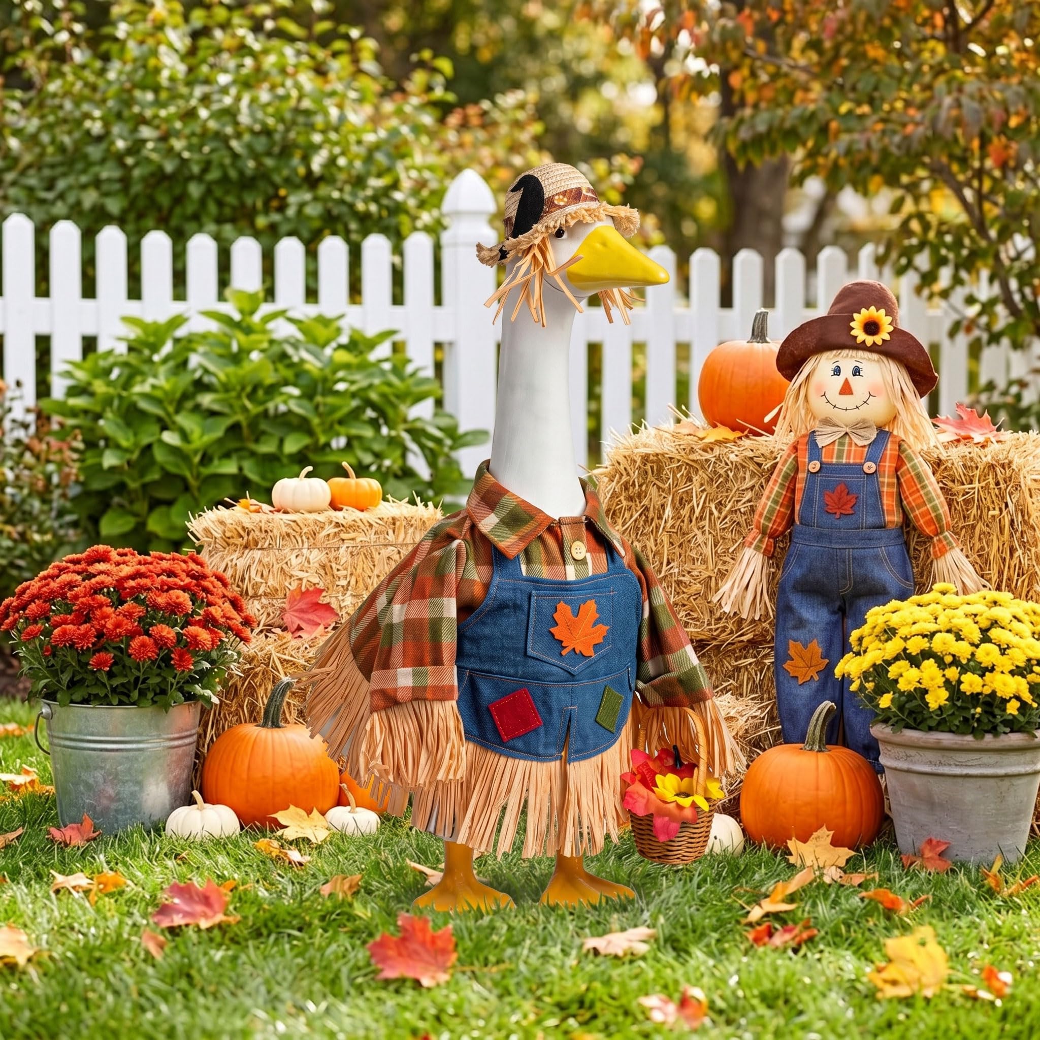 Close-up of plaid shirt and appliques on scarecrow goose outfit