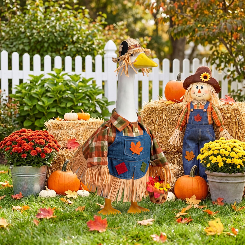 Close-up of plaid shirt and appliques on scarecrow goose outfit