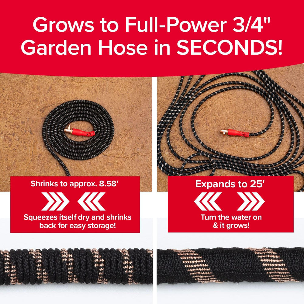 Close-up of Pocket Hose 25 FT connectors and nozzle