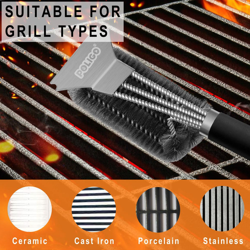 Close-up of POLIGO grill brush bristles and scraper