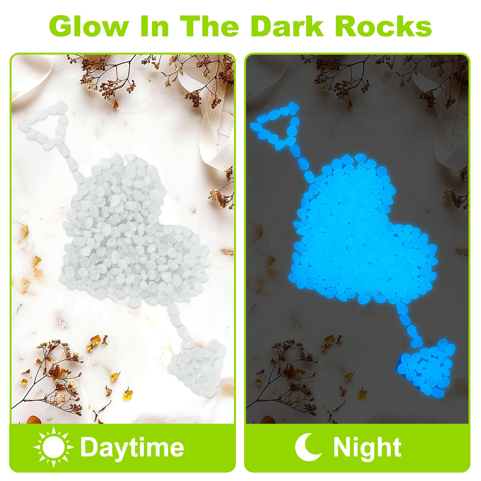 Close-up of polished glow in the dark pebbles