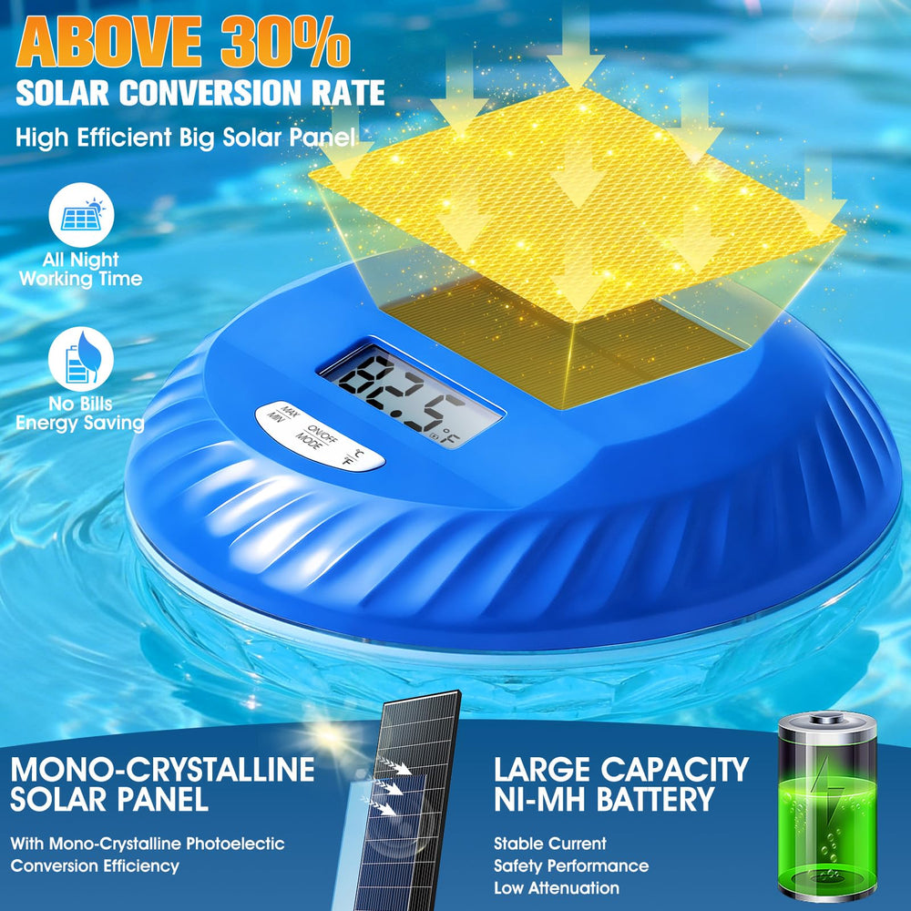 Close-up of PoolBliss Solar Pool Light showing built-in thermometer