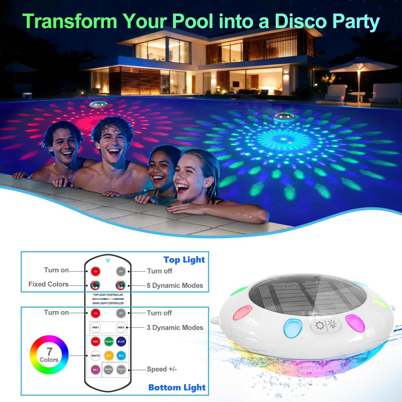 Close-up of Pooldecor Floating Pool Light with marquee effect