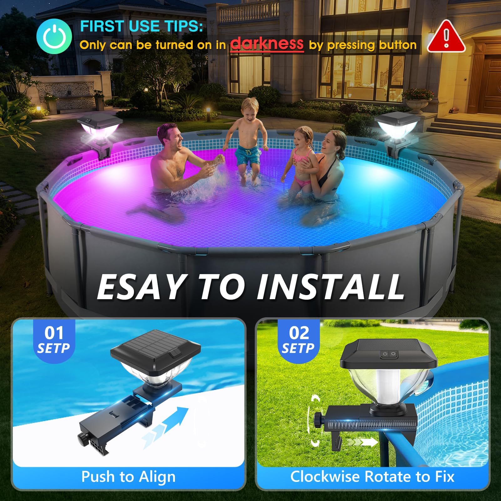Close-up of Pooldecor Solar Pool Light color options