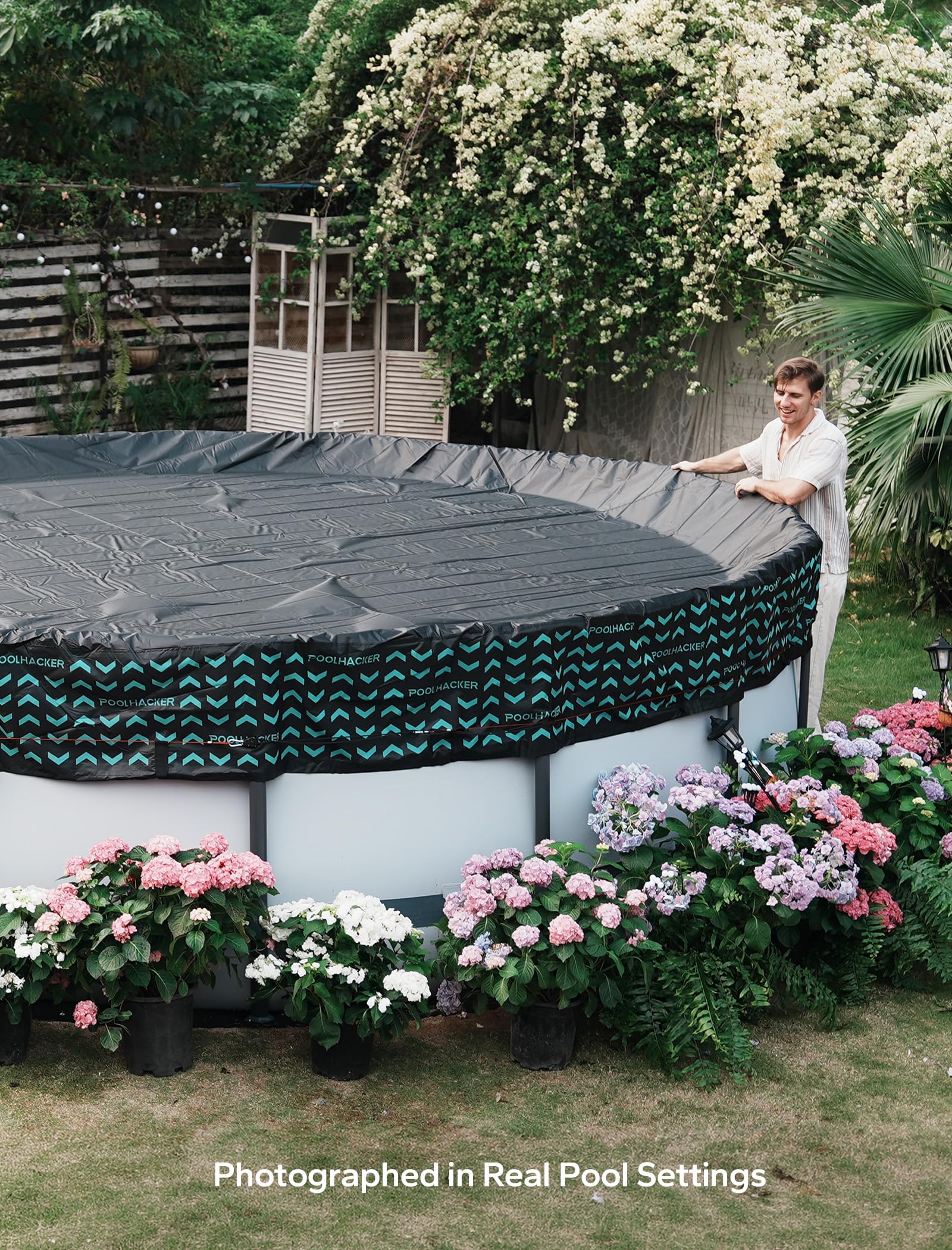 Close-up of POOLHACKER 12 FT pool cover's reinforced stitching