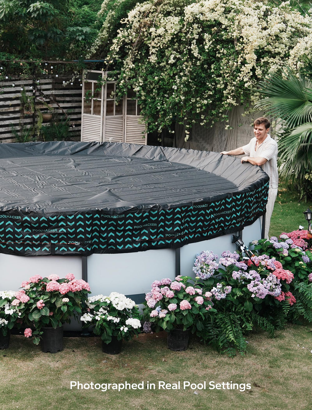 Close-up of POOLHACKER 12 FT pool cover's reinforced stitching