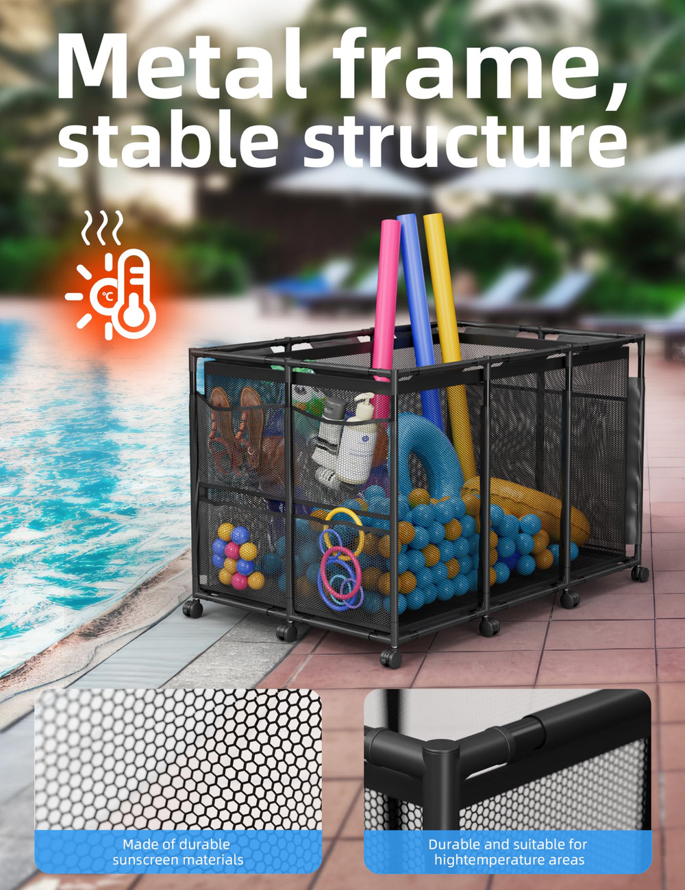 Close-up of POOLHOUR storage bin side pockets for smaller accessories