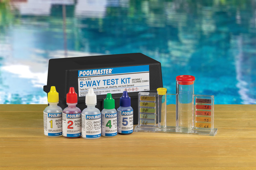Close-up of Poolmaster 5-Way Water Test Kit solutions and test block