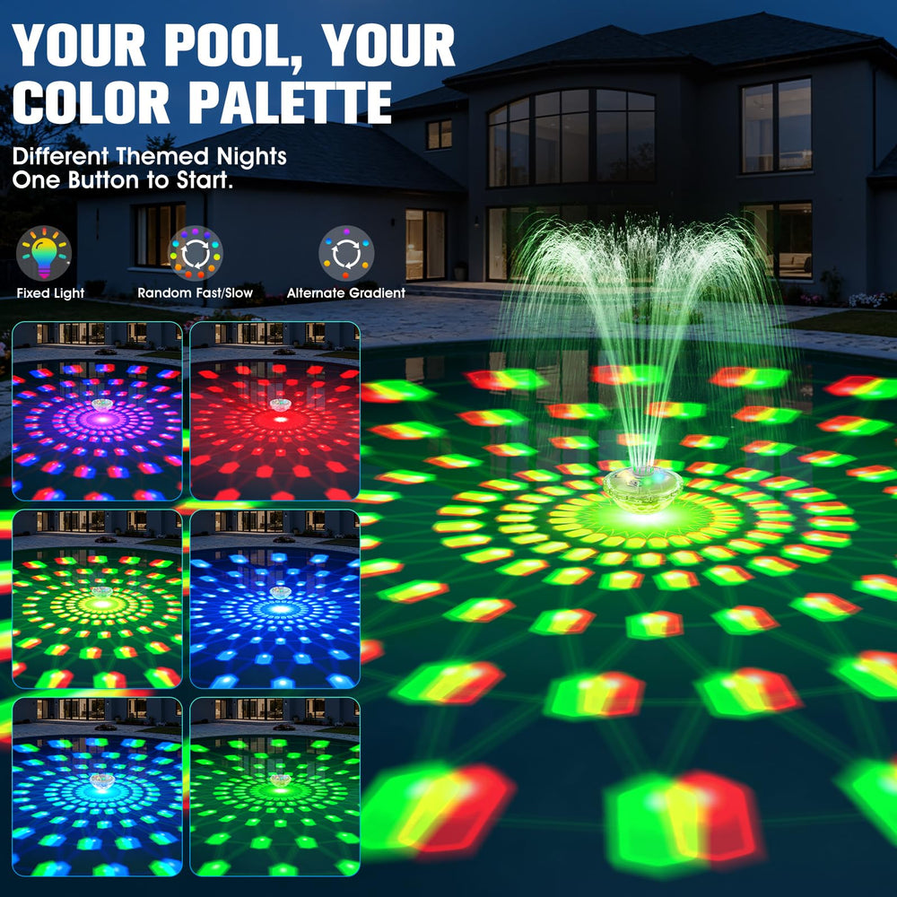 Close-up of PoolPop Floating Fountain light display in water