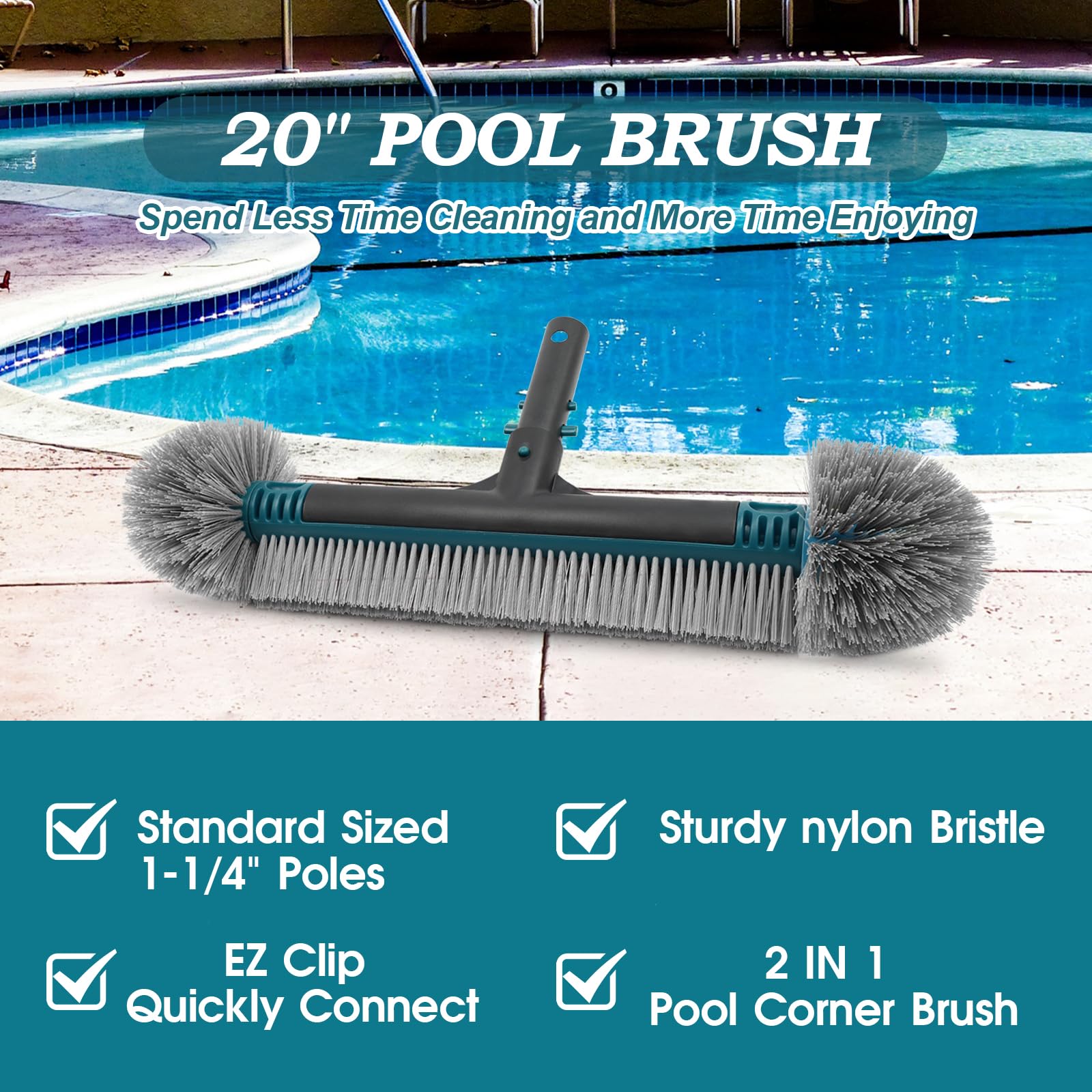 Close-up of POOLWHALE pool brush head showing nylon bristles