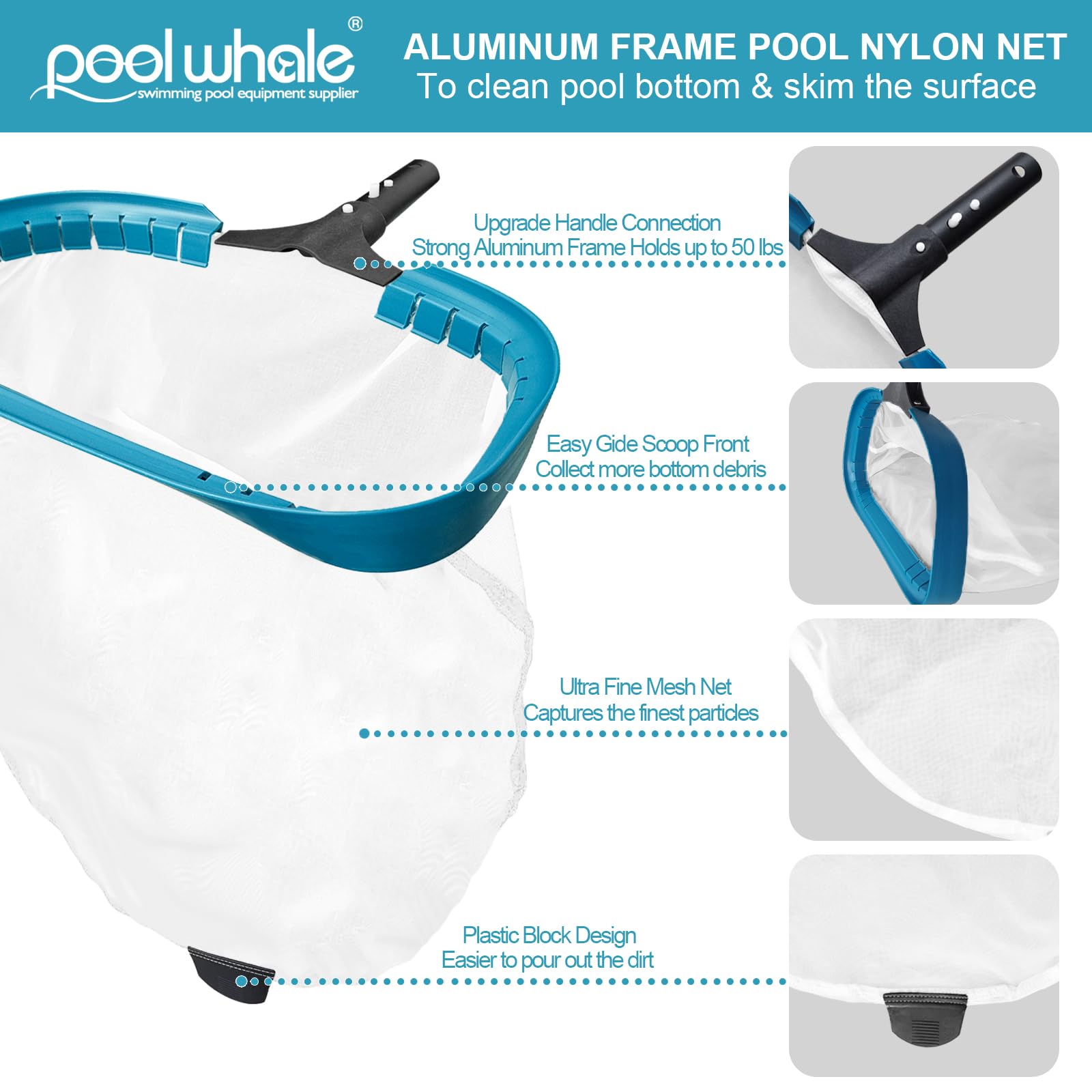 Close-up of POOLWHALE skimmer net handle with EZ clip buttons