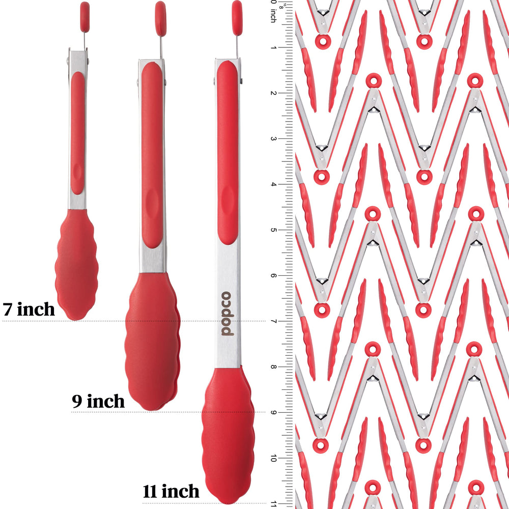 Close-up of POPCO tongs with silicone tips and stainless steel handle