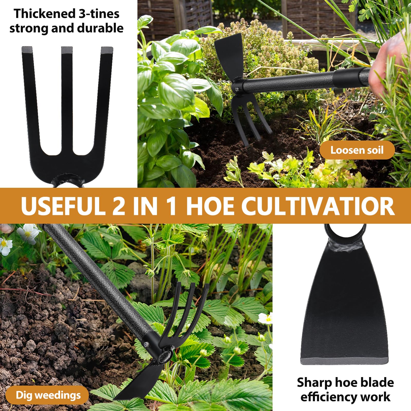 Close-up of PoPoHoser Garden Hoe sharp blade and tiller end