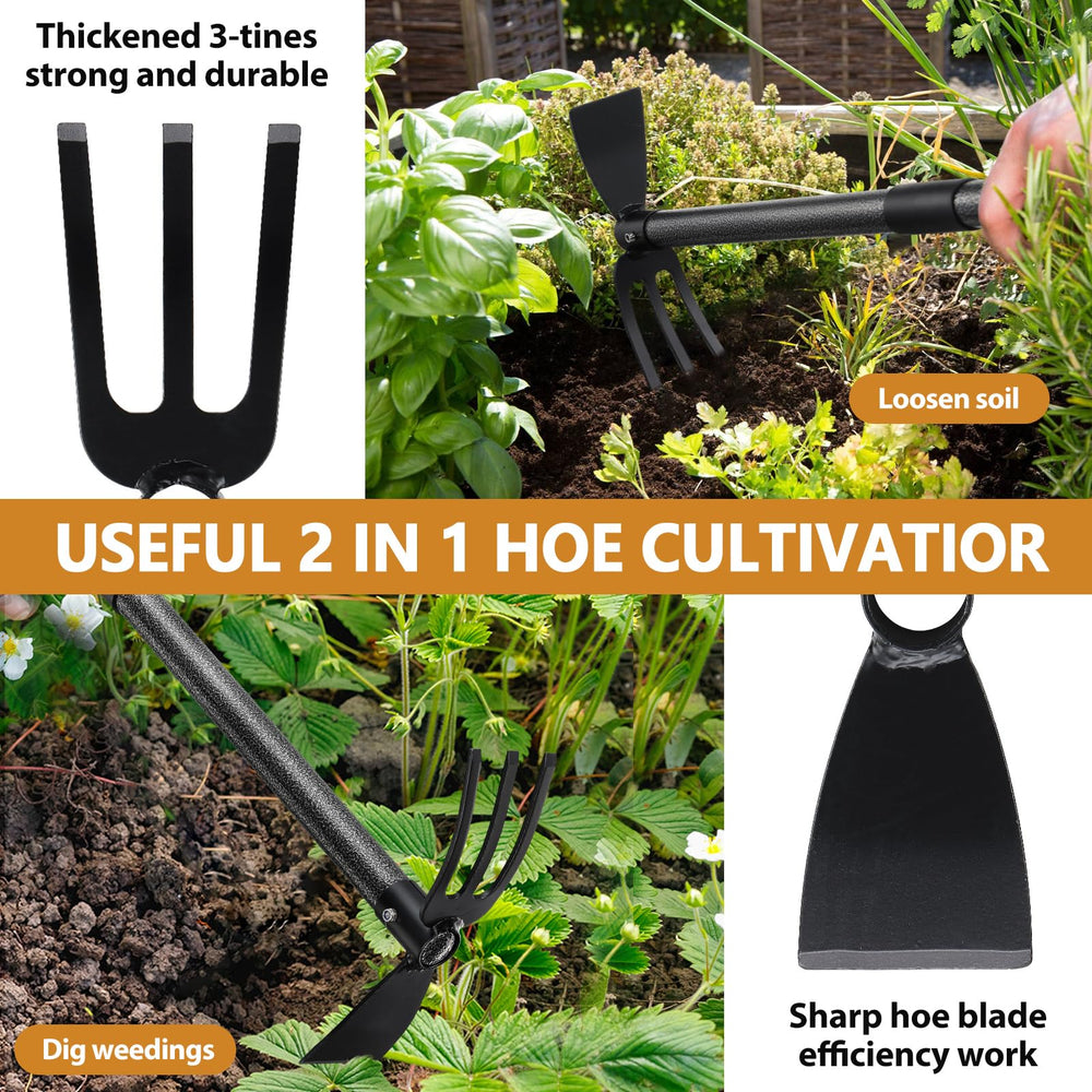 Close-up of PoPoHoser Garden Hoe sharp blade and tiller end