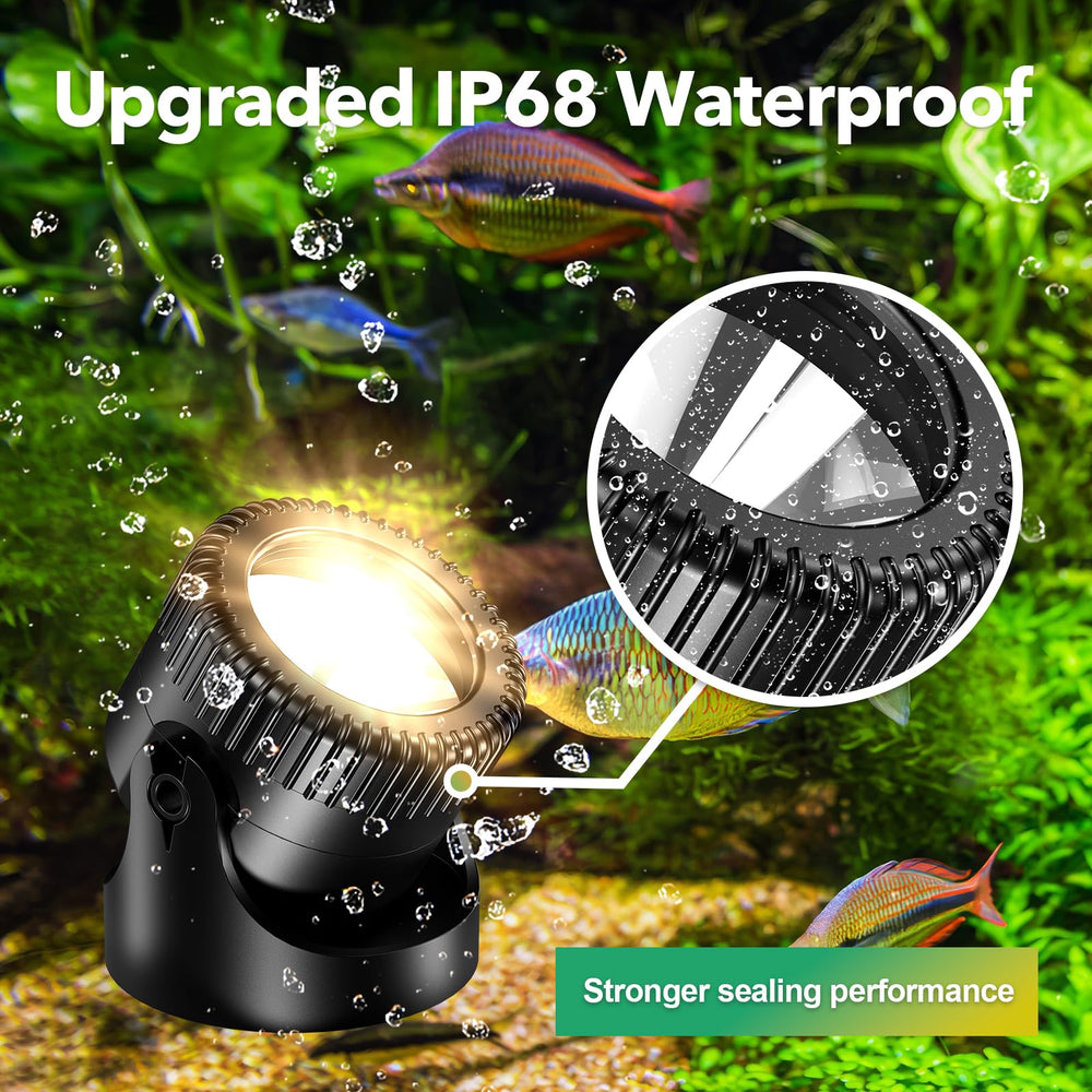 Close-up of POPOSOAP underwater pond lights in garden
