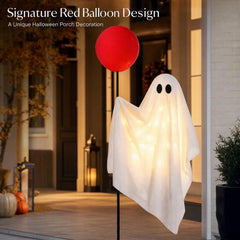 Close-up of Power Your Lawn ghost holding red balloon