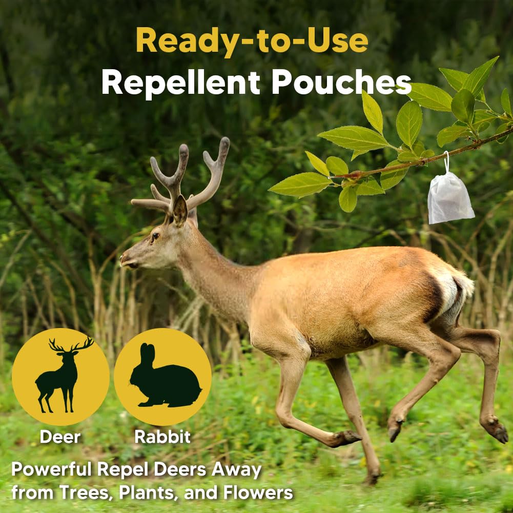 Close-up of PRBSOQ Deer Repellent pouch showing peppermint scent