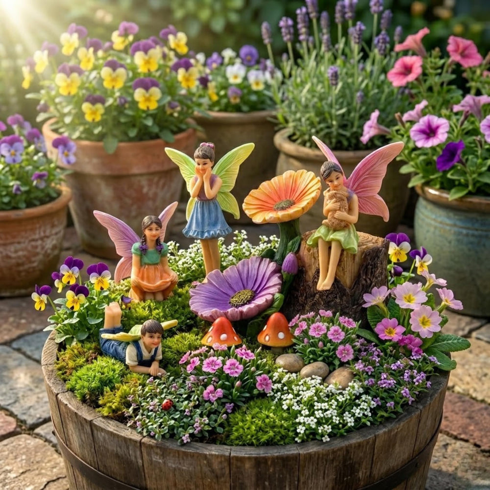 Close-up of PRETMANNS fairy figurine with flower stump