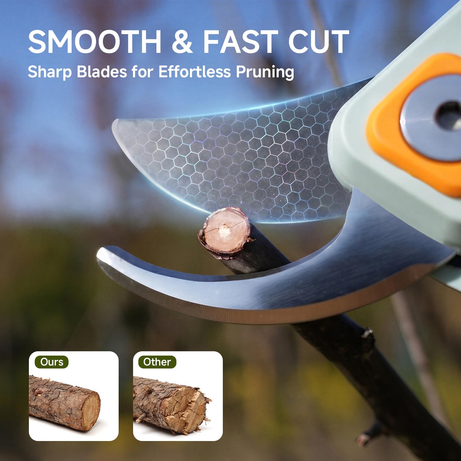 Close-up of PrunePro pruning shear blades showing Teflon coating