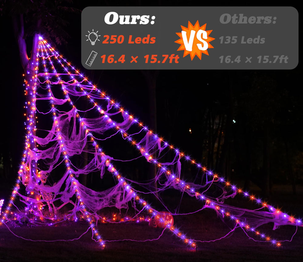 Close-up of purple and orange spider web lights setup