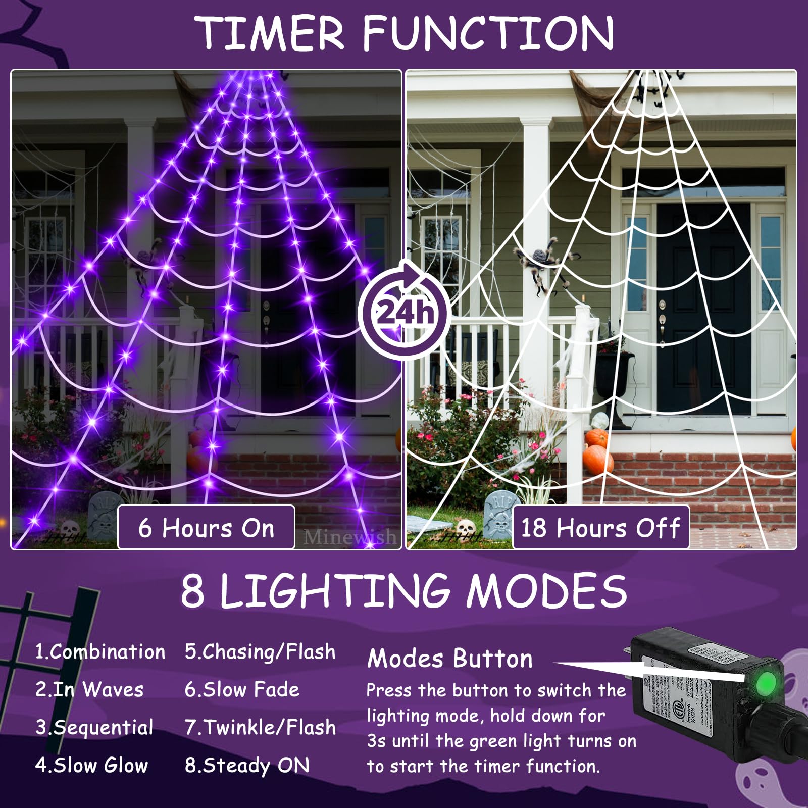 Close-up of purple LED lights on the spider web