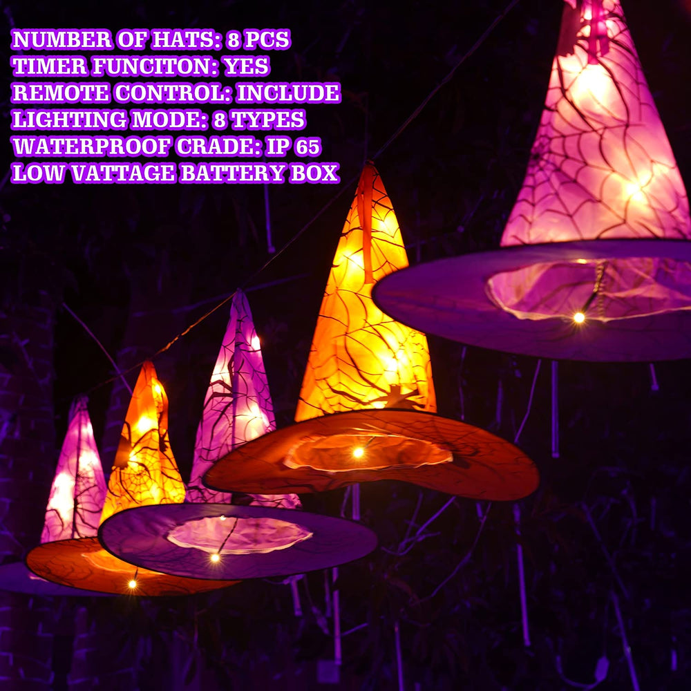 Close-up of purple witch hat with string lights