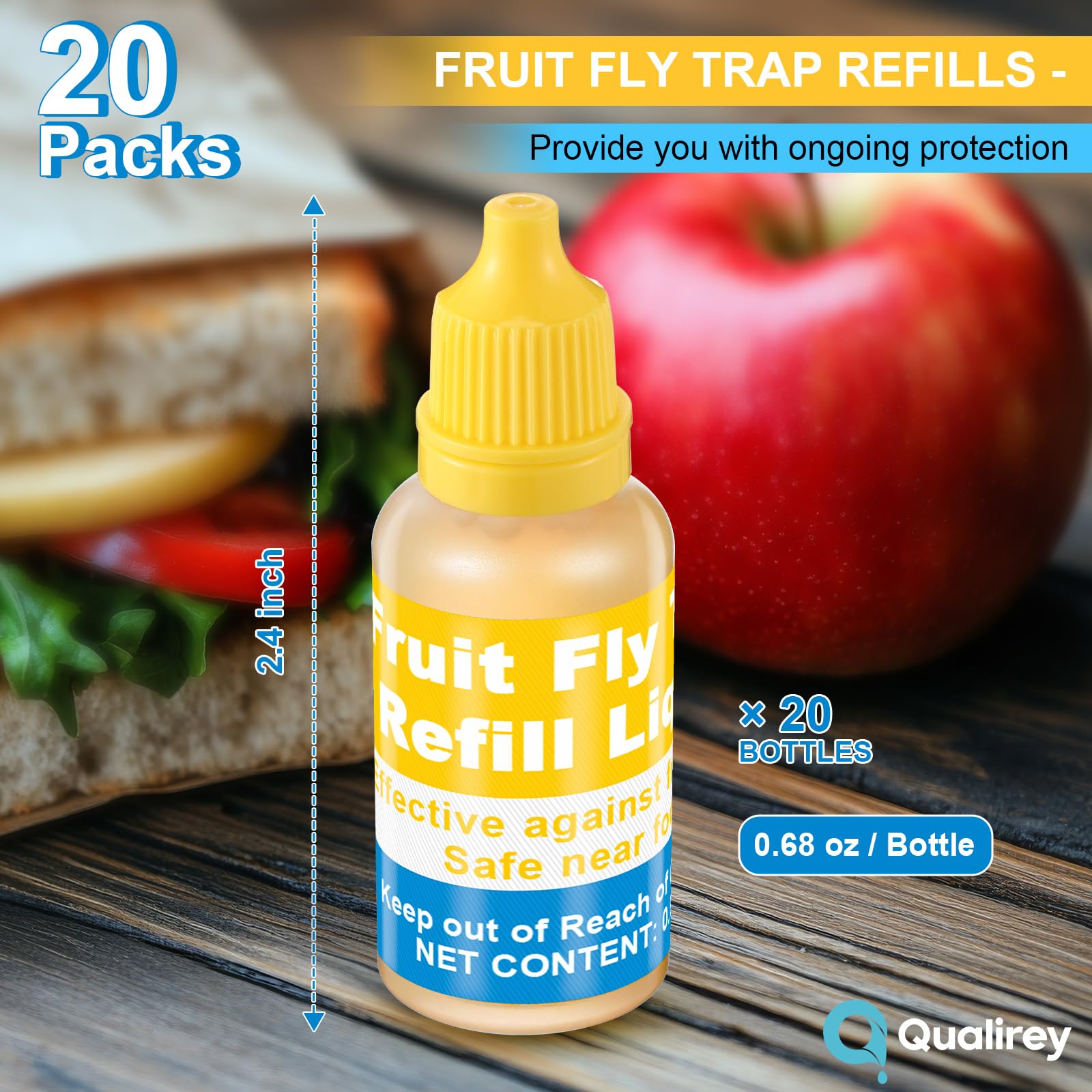 Close-up of Qualirey 0.68oz fruit fly trap refill bottle