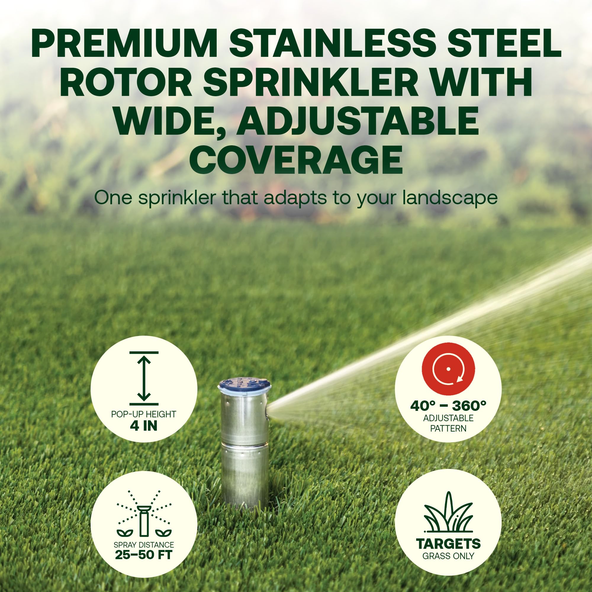 Close-up of Rain Bird 52SA sprinkler head with stainless steel design