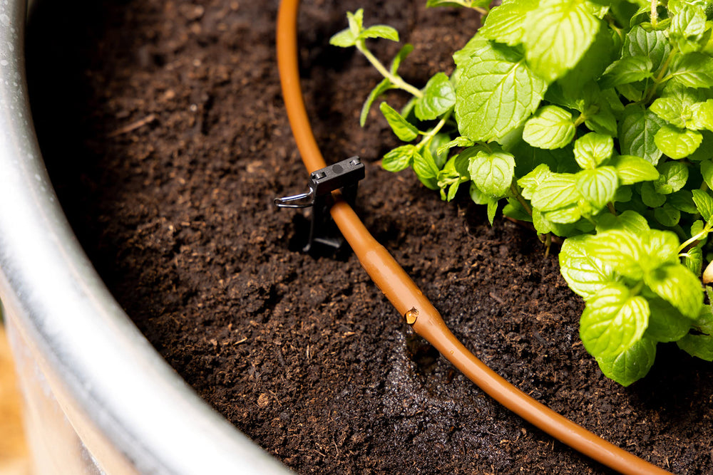 Close-up of Rain Bird GARDENKIT fittings and stakes