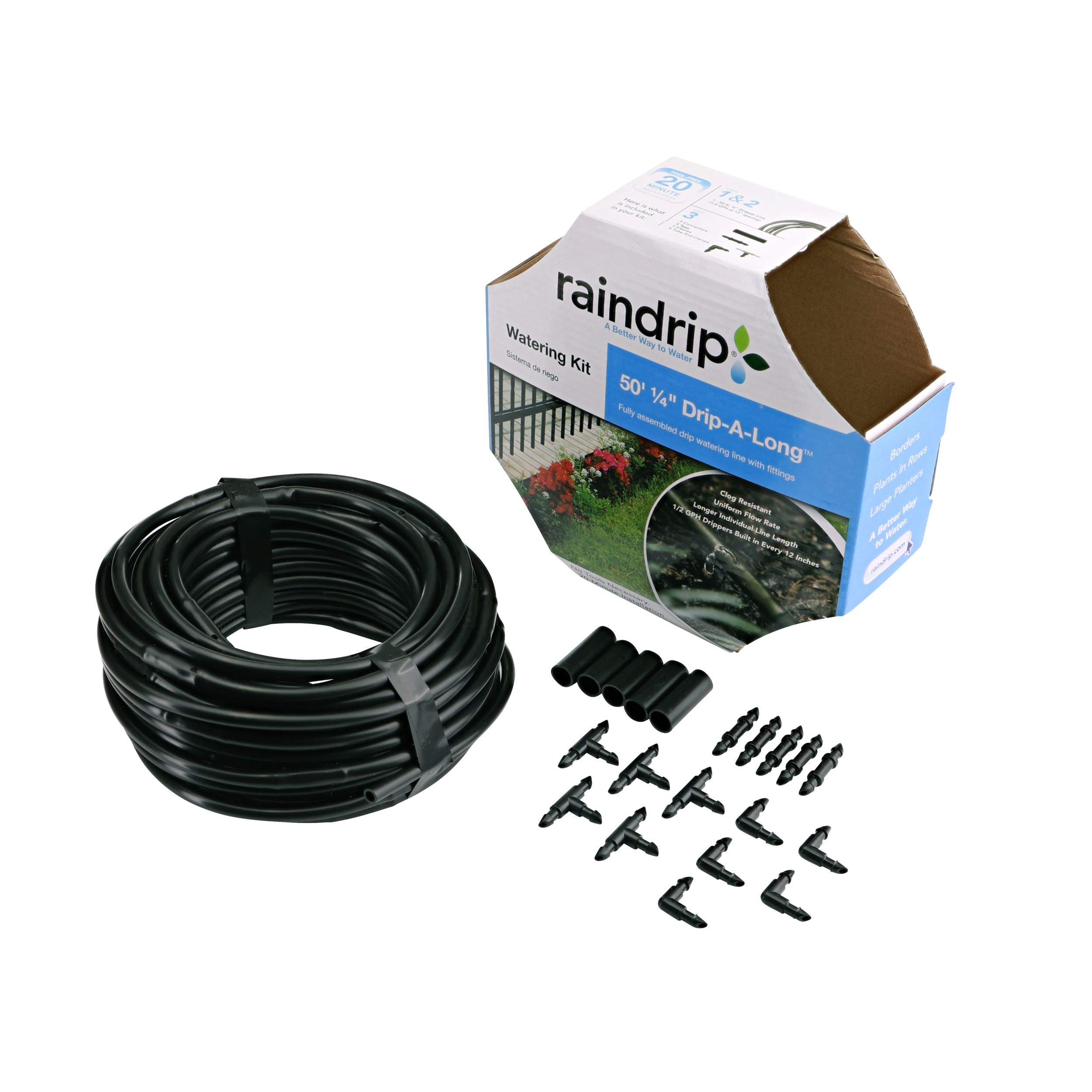 Close-up of Raindrip dripline tubing and barbed fittings