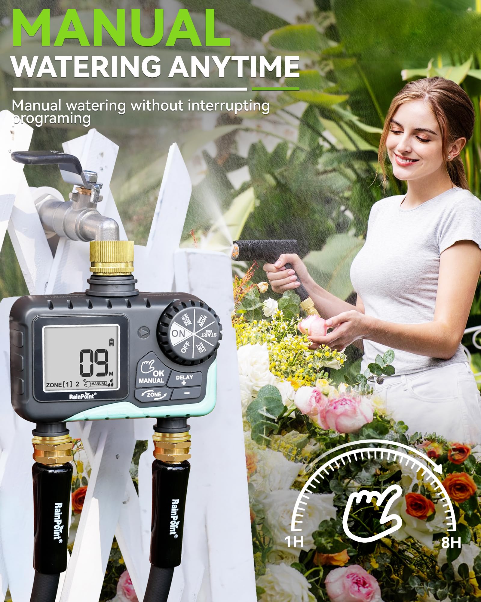 Close-up of RAINPOINT 2 Zone Sprinkler Timer's brass inlet